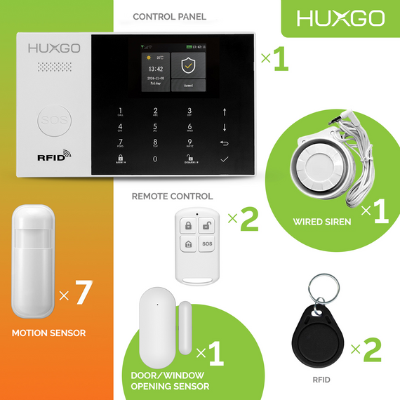 HUXGO® HXA005 - Wireless security system WiFi + GSM 4G LTE with 7x Motion Detector & 1x Door / window sensor | Home Alarm System SET with App TUYA