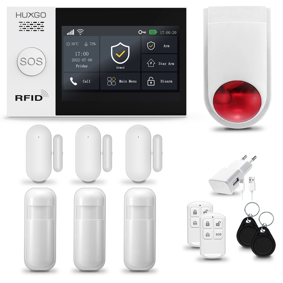 HUXGO® HXA007 - Sistema di allarme wireless WiFi + GSM con 3x Rilevatore di movimento & 3x Sensore per porte e finestre con Sirena senza fili | Allarme casa senza fili Kit con app TUYA