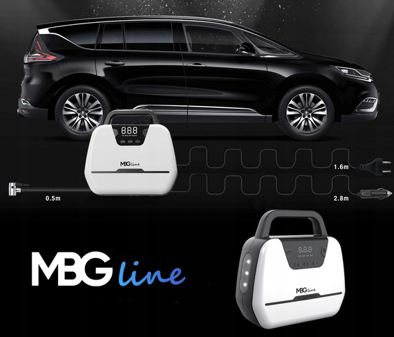 MBG line® Air Pump Car 1866 - Compresor de coche 12 V con pantalla digital, luz LED y juego de adaptadores