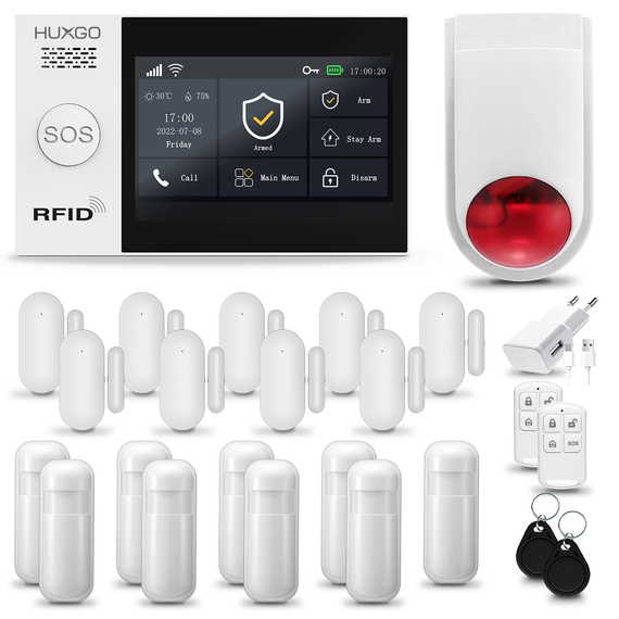 HUXGO® HXA007 - Système de sécurité sans fil Wi-Fi + GSM avec 9x Détecteur de Mouvement & 9x Détecteur pour porte et fenêtre avec Sirène sans fil | Système d'alarme domestique avec l'application TUYA