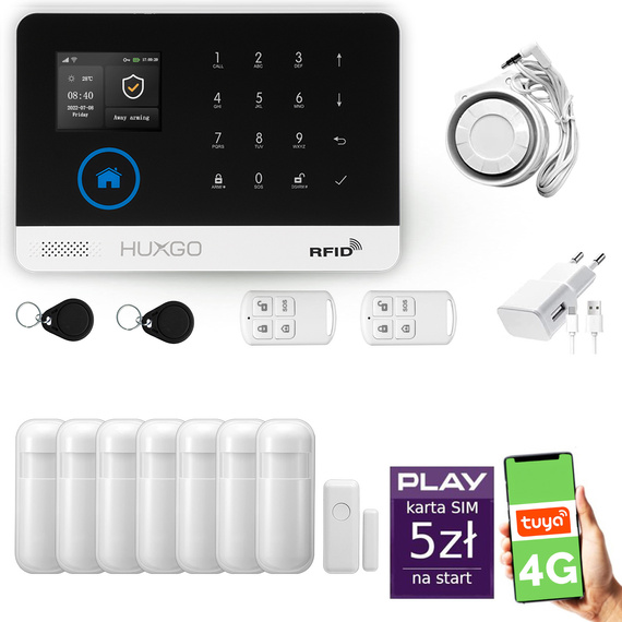 HUXGO® HXA003 - Wireless security system WiFi + GSM 4G LTE with 7x Motion Detector & 1x Door / window sensor | Home Alarm System SET with App TUYA