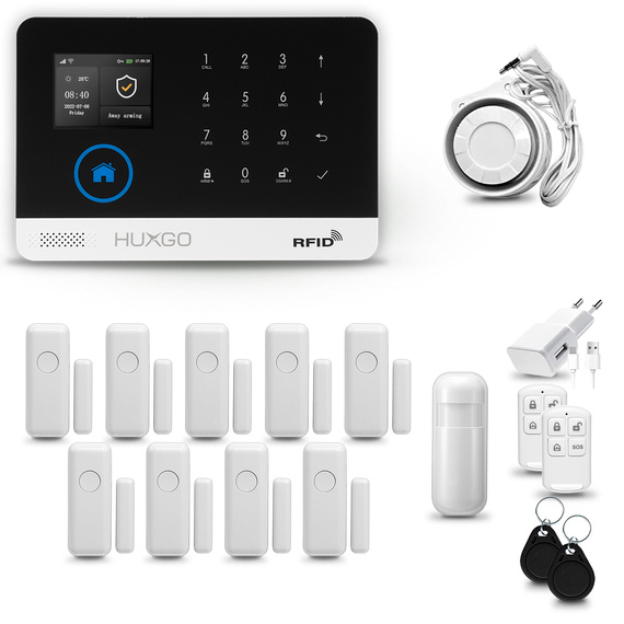 HUXGO® HXA003 - Funk Alarmanlage System WiFi + GSM mit 1x Bewegungsmelder PIR & 9x Fenster und Türsensor sensor | Kabellose Alarmanlage SET mit TUYA App