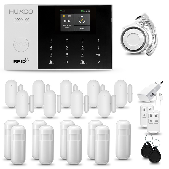 HUXGO® HXA005 - Wireless security system WiFi + GSM with 9x Motion Detector & 9x Door / window sensor | Home Alarm System SET with App TUYA