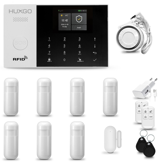 HUXGO® HXA005 - Wireless security system WiFi + GSM 4G LTE with 7x Motion Detector & 1x Door / window sensor | Home Alarm System SET with App TUYA
