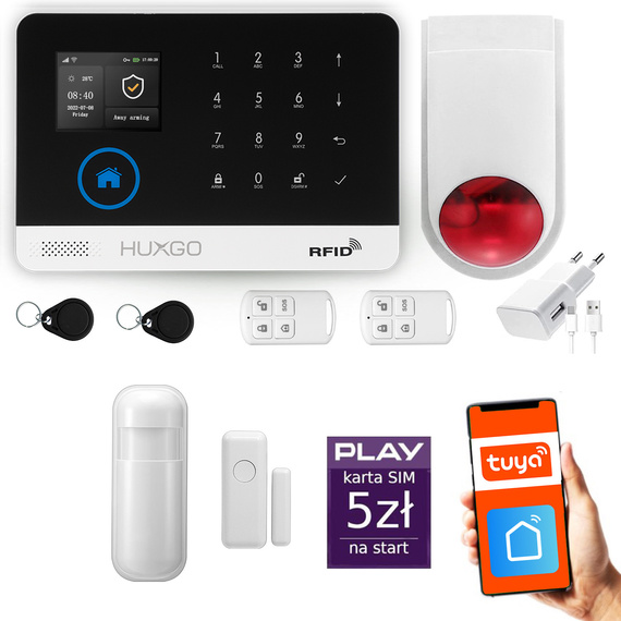 HUXGO® HXA003 - Système de sécurité sans fil Wi-Fi + GSM avec 1x Détecteur de Mouvement & 1x Détecteur pour porte et fenêtre avec Sirène sans fil | Système d'alarme domestique avec l'application TUYA