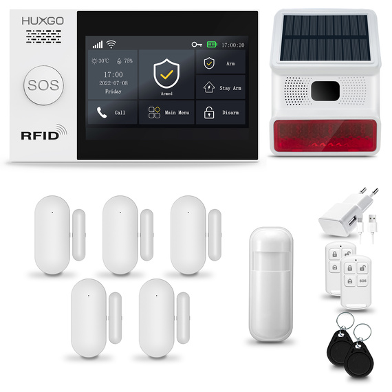 HUXGO® HXA007 - Wireless security system WiFi + GSM with 1x Motion Detector & 5x Door / window sensor with Wireless Siren | Home Alarm System SET with App TUYA