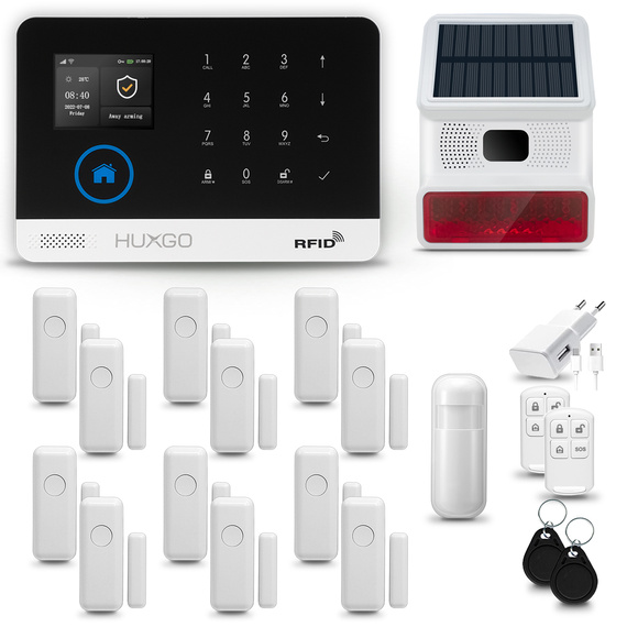 HUXGO® HXA003 - Funk Alarmanlage System WiFi + GSM mit 1x Bewegungsmelder PIR & 12x Fenster und Türsensor sensor mit Drahtlose Alarmsirene | Kabellose Alarmanlage SET mit TUYA App