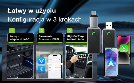HUXGO® Adaptador inalámbrico 2-en-1 CarPlay y Android Auto compatible con dispositivos Apple y Android