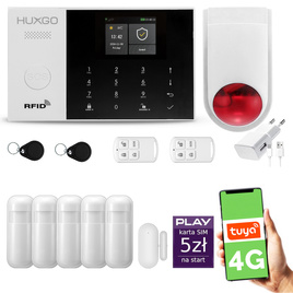 HUXGO® HXA005 - Wireless security system WiFi + GSM 4G LTE with 5x Motion Detector & 1x Door / window sensor with Wireless Siren | Home Alarm System SET with App TUYA