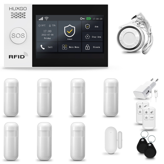 HUXGO® HXA007 - Wireless security system WiFi + GSM 4G LTE with 7x Motion Detector & 1x Door / window sensor | Home Alarm System SET with App TUYA