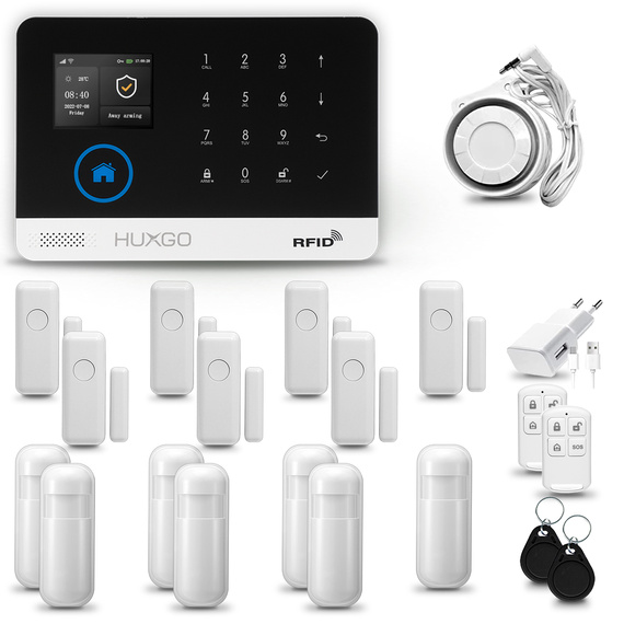 HUXGO® HXA003 - Système de sécurité sans fil Wi-Fi + GSM avec 7x Détecteur de Mouvement & 7x Détecteur pour porte et fenêtre |  Système d'alarme domestique avec l'application TUYA