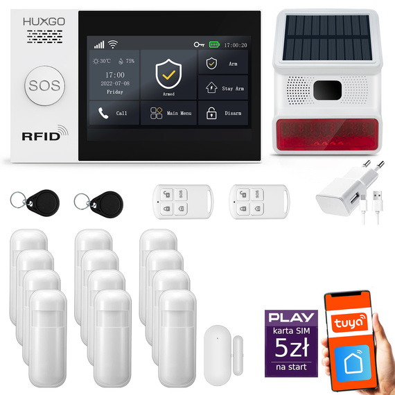 HUXGO® HXA007 - Sistema di allarme wireless WiFi + GSM con 12x Rilevatore di movimento & 1x Sensore per porte e finestre con Sirena senza fili | Allarme casa senza fili Kit con app TUYA
