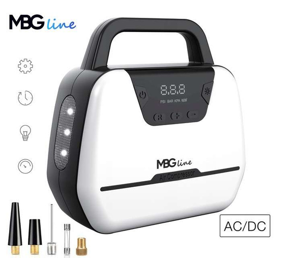MBG line® Air Pump Car 1866 - Compresor de coche 12 V con pantalla digital, luz LED y juego de adaptadores