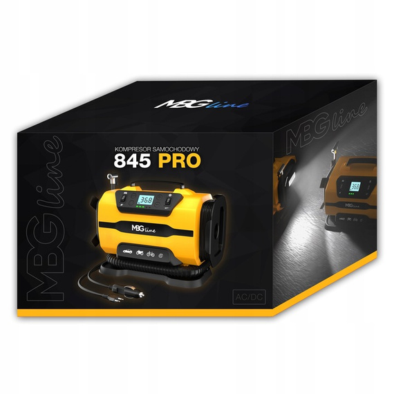 MBG Line® 845 PRO – Compresseur d’air multifonction 12V/230V avec gonfleur, lampe LED, arrêt automatique et sac de transport