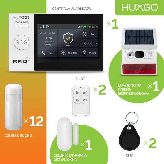 HUXGO® HXA007 - Wireless security system WiFi + GSM 4G LTE with 12x Motion Detector & 1x Door / window sensor with Wireless Siren | Home Alarm System SET with App TUYA