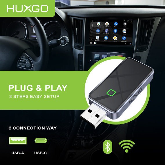 HUXGO® Adaptador inalámbrico 2-en-1 CarPlay y Android Auto compatible con dispositivos Apple y Android