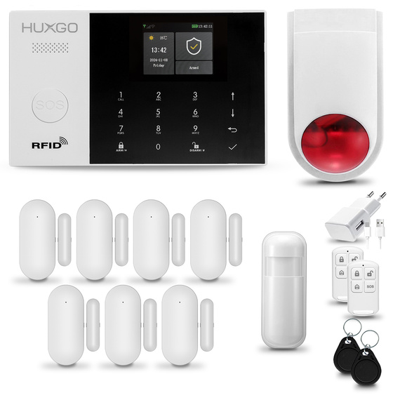 HUXGO® HXA005 - Wireless security system WiFi + GSM with 1x Motion Detector & 7x Door / window sensor with Wireless Siren | Home Alarm System SET with App TUYA