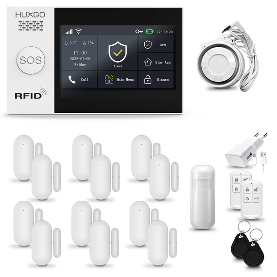 HUXGO® HXA007 - Système de sécurité sans fil Wi-Fi + GSM 4G LTE avec 1x Détecteur de Mouvement & 12x Détecteur pour porte et fenêtre |  Système d'alarme domestique avec l'application TUYA