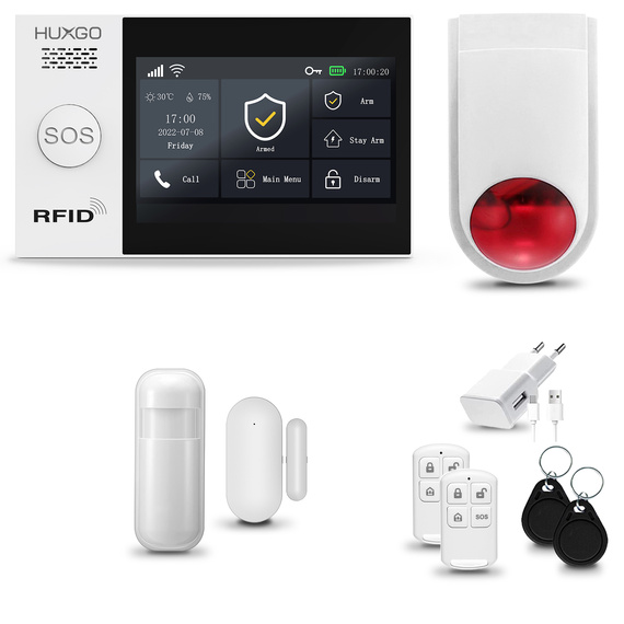 HUXGO® HXA007 - Sistema de seguridad inalámbrico WiFi + GSM con 1x detector de movimiento y 1x sensor para puerta / ventana con sirena inalámbrica | Kit de sistema de alarma para el hogar con App TUYA