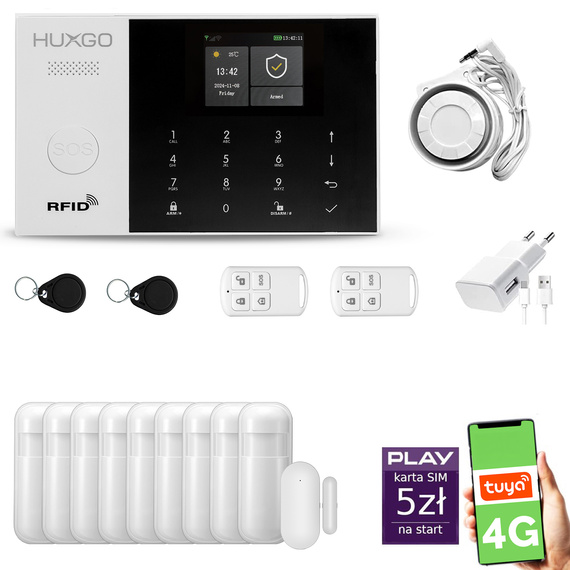 HUXGO® HXA005 - Wireless security system WiFi + GSM 4G LTE with 9x Motion Detector & 1x Door / window sensor | Home Alarm System SET with App TUYA