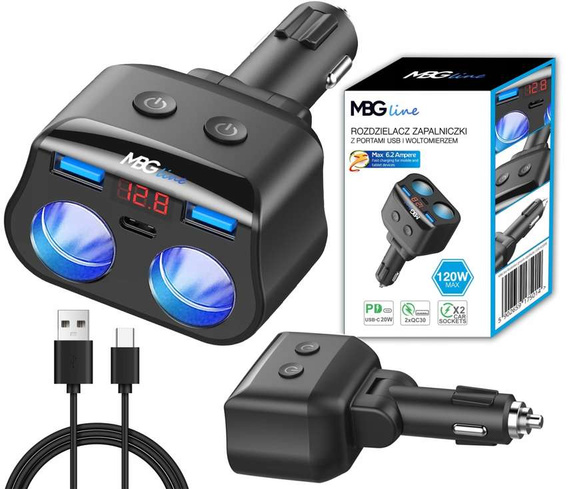 MBG line® HC69PD - Multiprise pour allume-cigare avec voltmètre et chargeur 2 x USB QC3.0