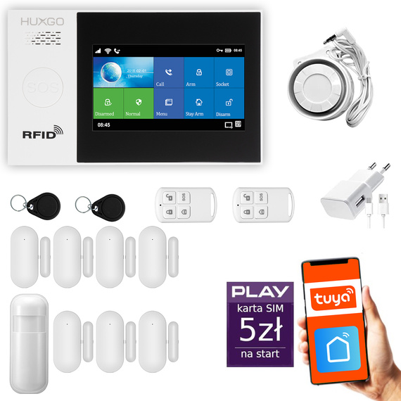 HUXGO® HXA007 - Sistema de seguridad inalámbrico WiFi + GSM con 1x detector de movimiento y 7x sensor para puerta / ventana | KIT de sistema de alarma para el hogar con App TUYA