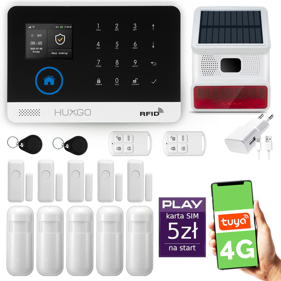 HUXGO® HXA003 - Wireless security system WiFi + GSM  4G LTE with 5x Motion Detector & 5x Door / window sensor with Wireless Siren | Home Alarm System SET with App TUYA
