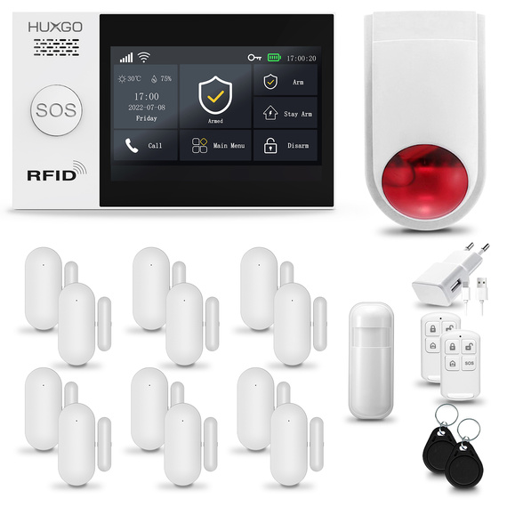 HUXGO® HXA007 - Sistema de seguridad inalámbrico WiFi + GSM con 1x detector de movimiento y 12x sensor para puerta / ventana con sirena inalámbrica | Kit de sistema de alarma para el hogar con App TUYA