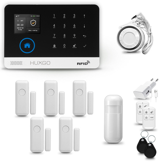 HUXGO® HXA003 - Sistema de seguridad inalámbrico WiFi + GSM con 1x detector de movimiento y 5x sensor para puerta / ventana | KIT de sistema de alarma para el hogar con App TUYA