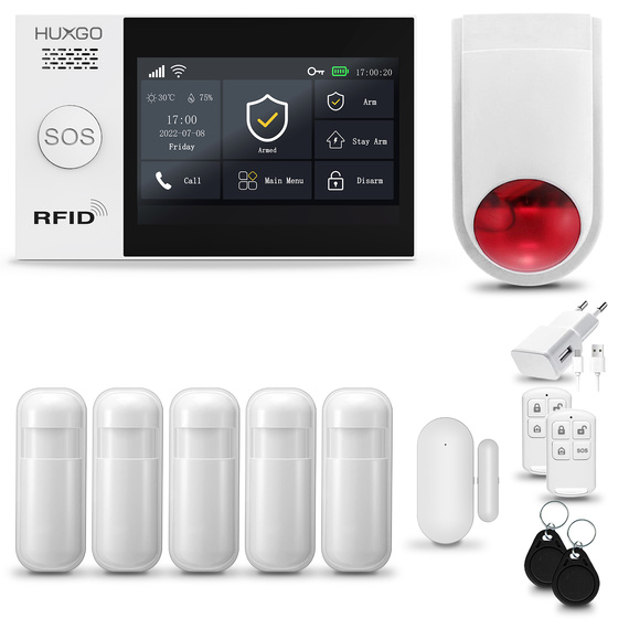 HUXGO® HXA007 - Wireless security system WiFi + GSM with 5x Motion Detector & 1x Door / window sensor with Wireless Siren | Home Alarm System SET with App TUYA