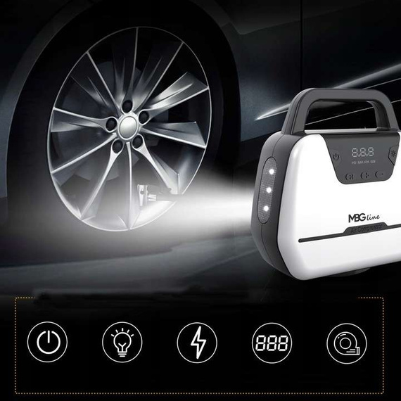 MBG line® Air Pump Car 1866 - Compresor de coche 12 V con pantalla digital, luz LED y juego de adaptadores