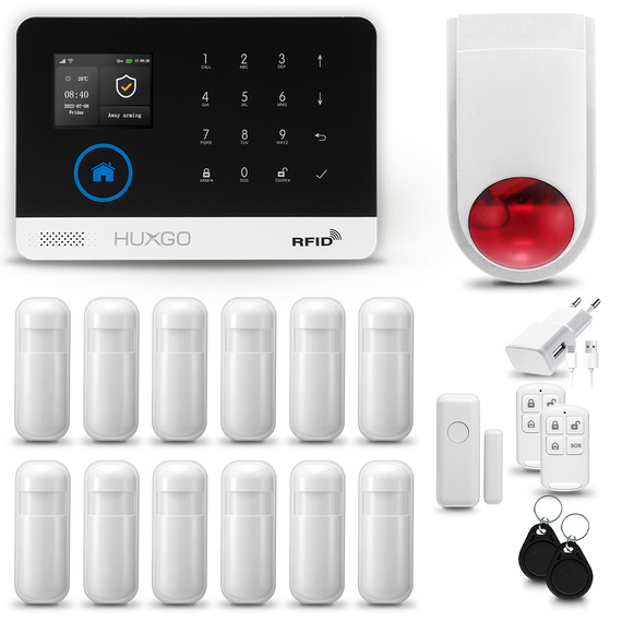 HUXGO® HXA003 - Funk Alarmanlage System WiFi + GSM mit 12x Bewegungsmelder PIR & 1x Fenster und Türsensor sensor mit Drahtlose Alarmsirene | Kabellose Alarmanlage SET mit TUYA App