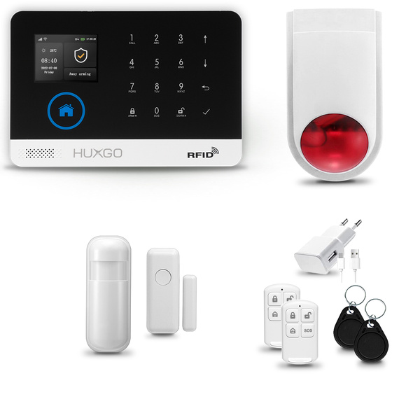HUXGO® HXA003 - Sistema de seguridad inalámbrico WiFi + GSM con 1x detector de movimiento y 1x sensor para puerta / ventana con sirena inalámbrica | Kit de sistema de alarma para el hogar con App TUYA