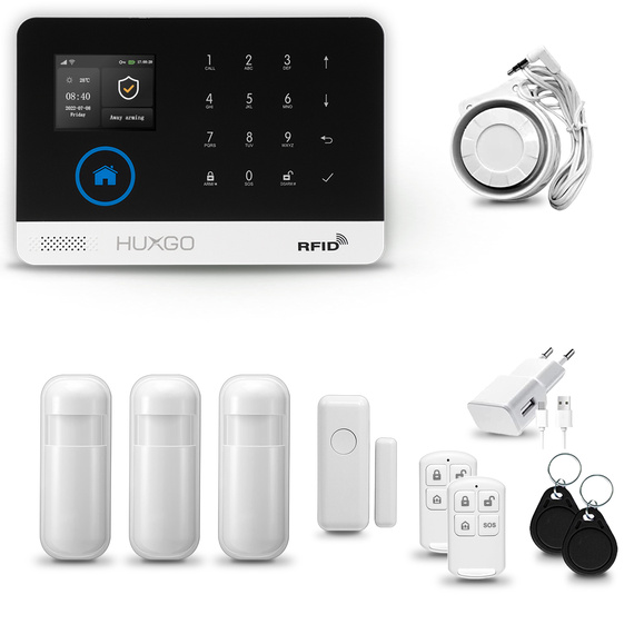 HUXGO® HXA003 - Sistema di allarme wireless WiFi + GSM con 3x Rilevatore di movimento & 1x Sensore per porte e finestre | Allarme casa senza fili Kit con app TUYA